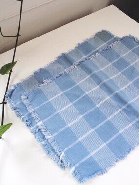 Vintage Blue Plaid Cotton Fringe Placemats Set Of 2 Checkered Woven Rustic Cotta